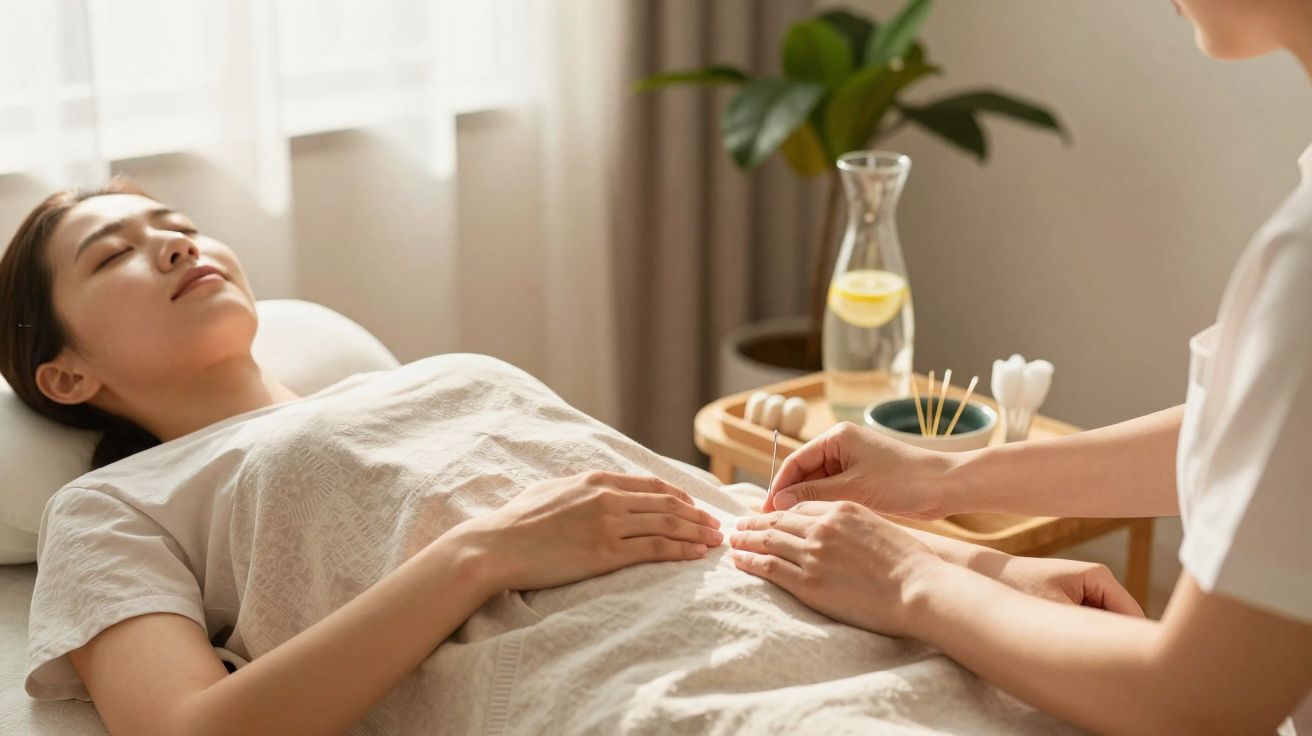 Mulher relaxa de olhos fechados enquanto recebe tratamento de acupunctura na barriga num ambiente calmo.