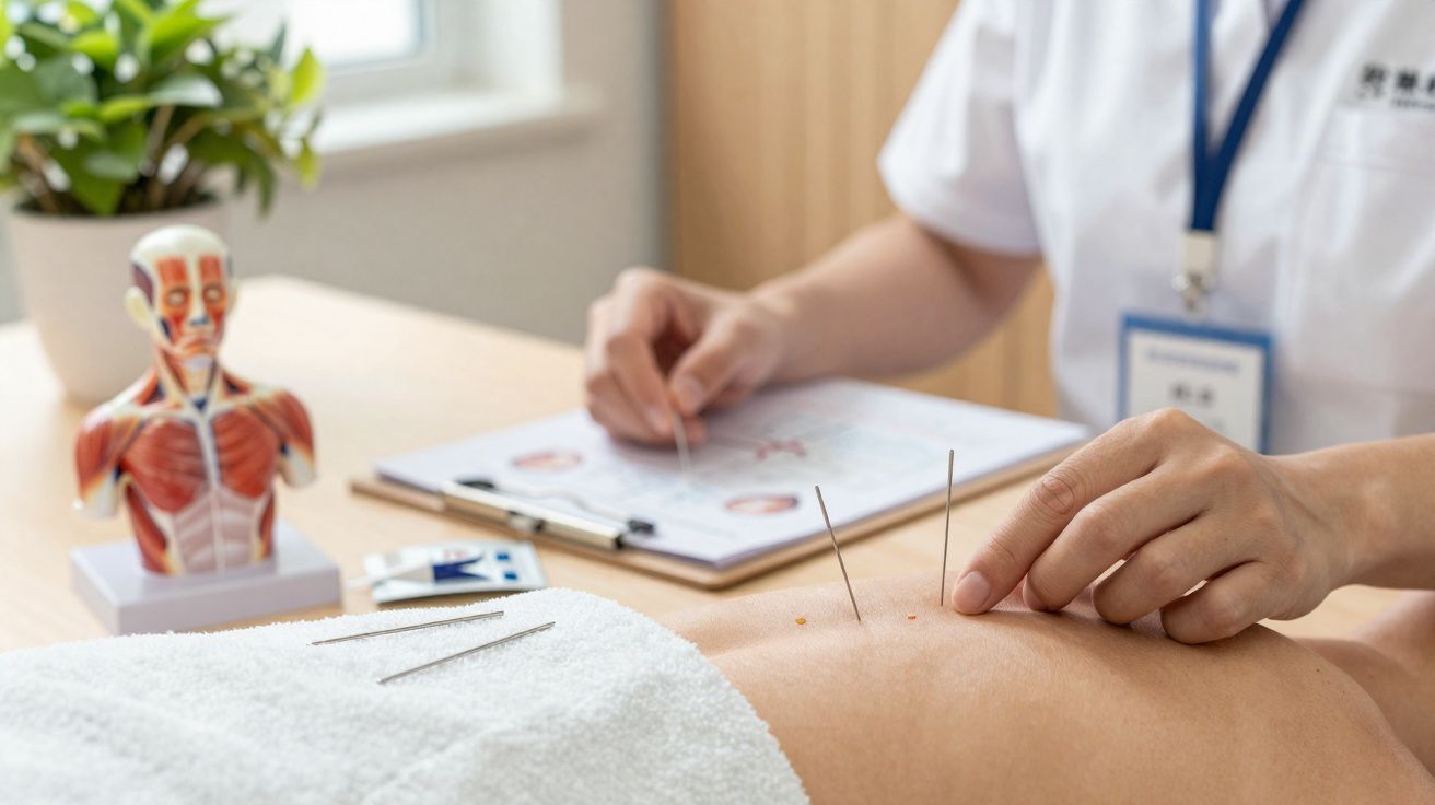 Terapia de acupuntura com agulhas finas na pele das costas de um paciente numa clínica.