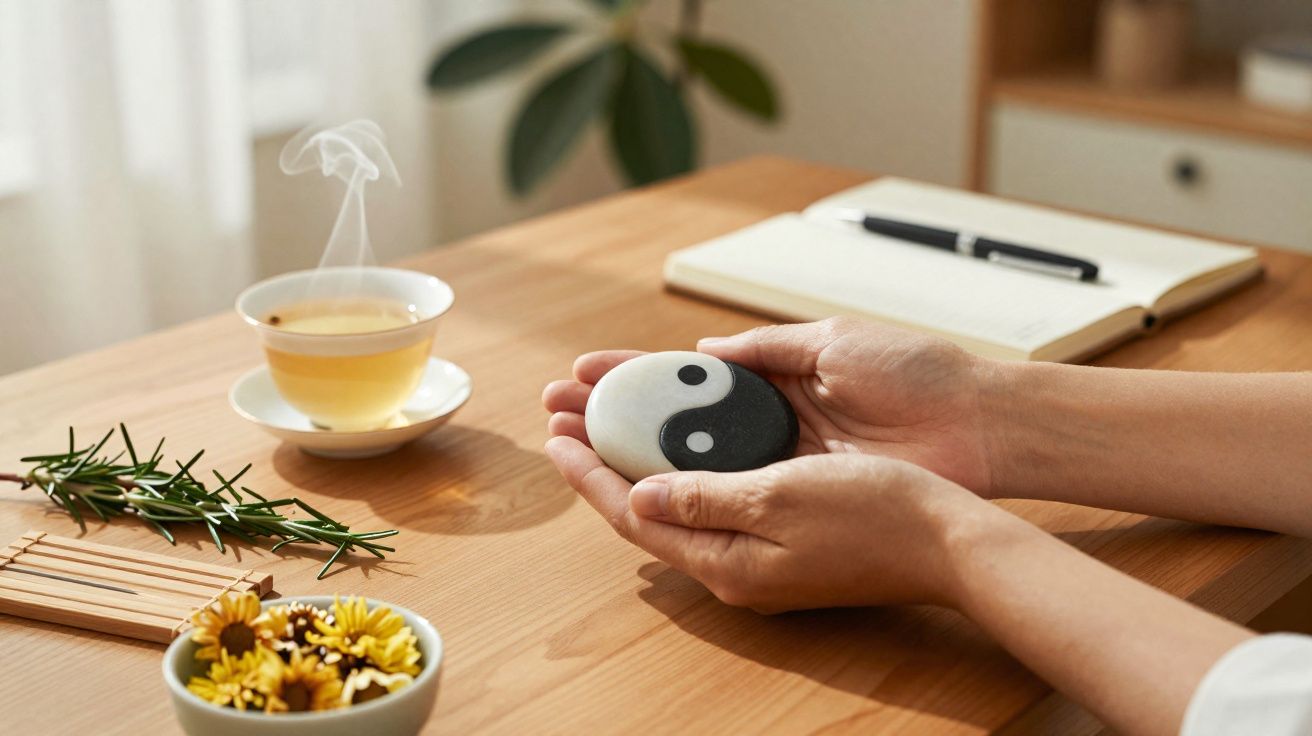 Mãos seguram símbolo yin yang, chá fumegante ao fundo sobre mesa de madeira com flores e caderno.