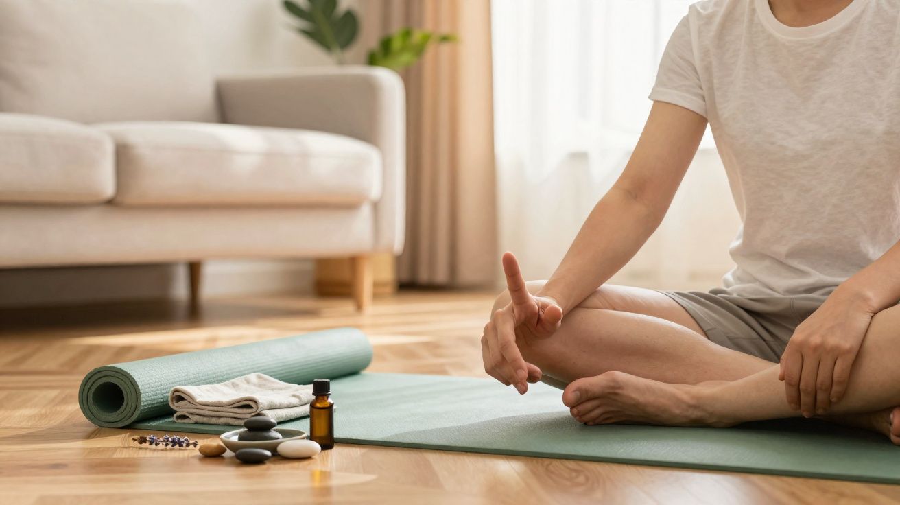 Pessoa em posição de meditação sentada em tapete de yoga com acessórios para relaxamento no chão.