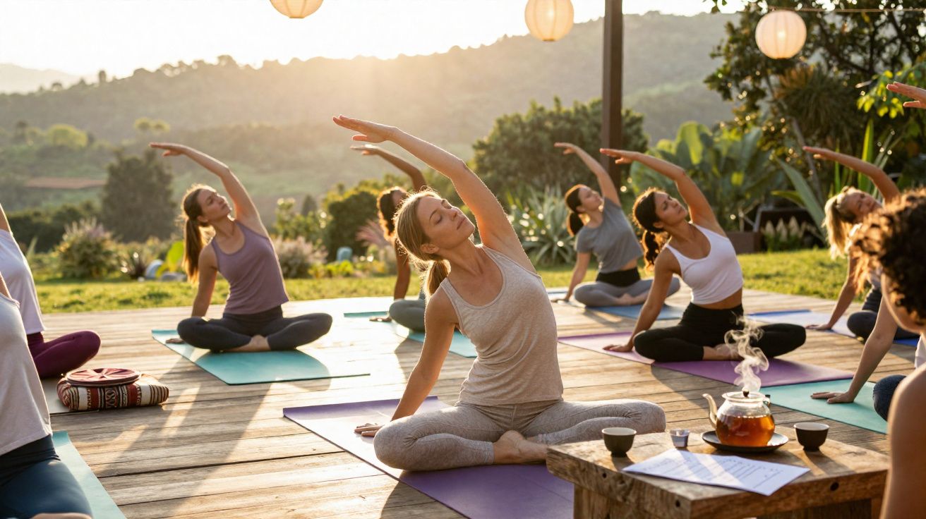Grupo de mulheres a praticar yoga ao ar livre ao pôr do sol numa plataforma de madeira.