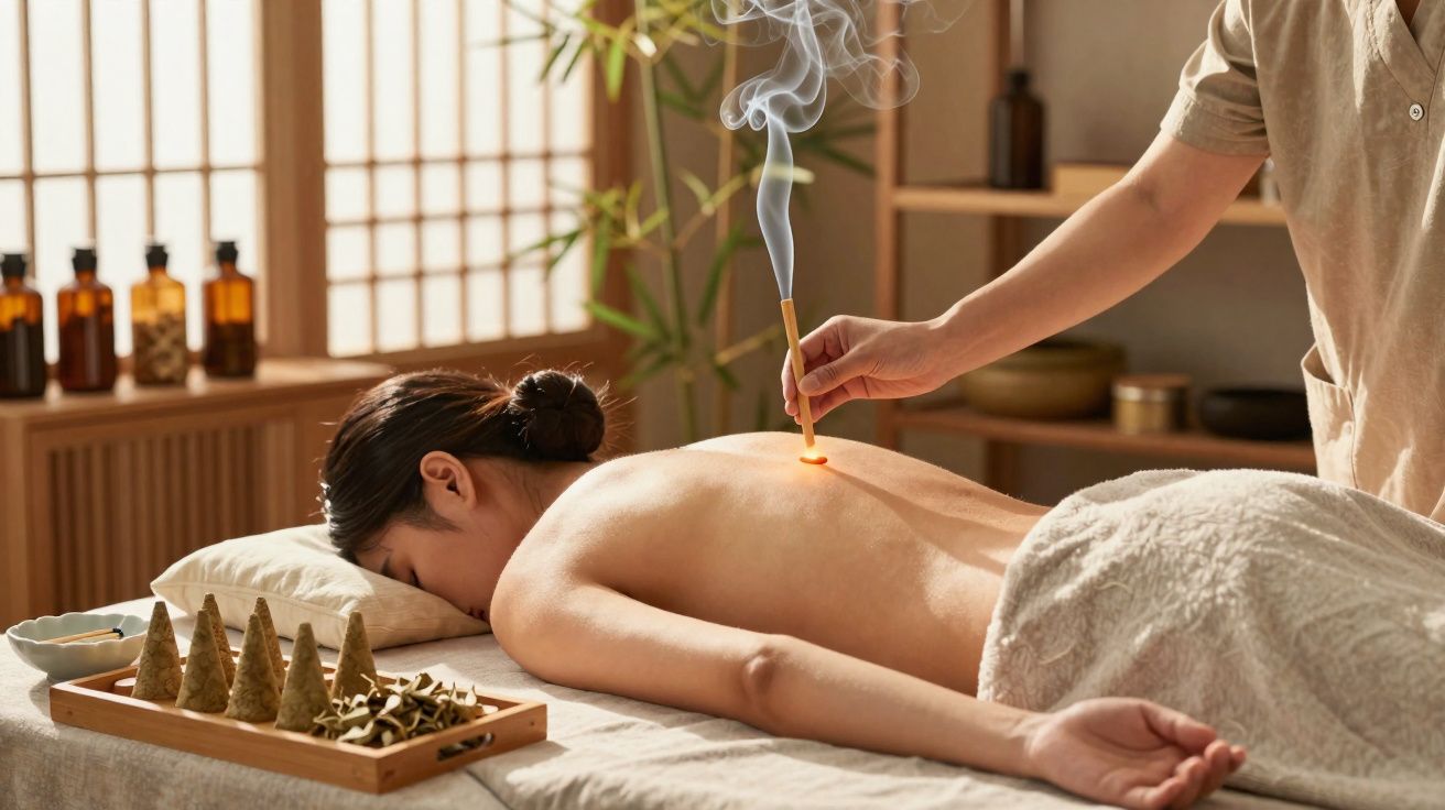 Mulher deitada de barriga para baixo a receber tratamento de moxa numa sala de terapia aromática.