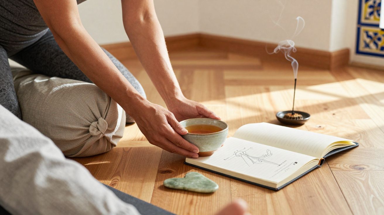 Pessoa a segurar uma chávena junto a um livro aberto, incenso a arder e pedra de massagem no chão de madeira.