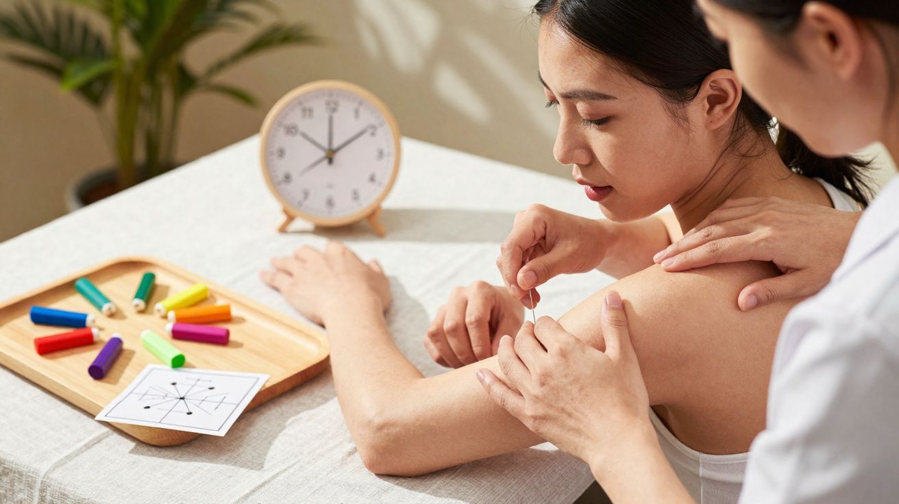 Profissional a aplicar acupunctura no ombro de paciente feminina, com relógio e jogos coloridos na mesa.