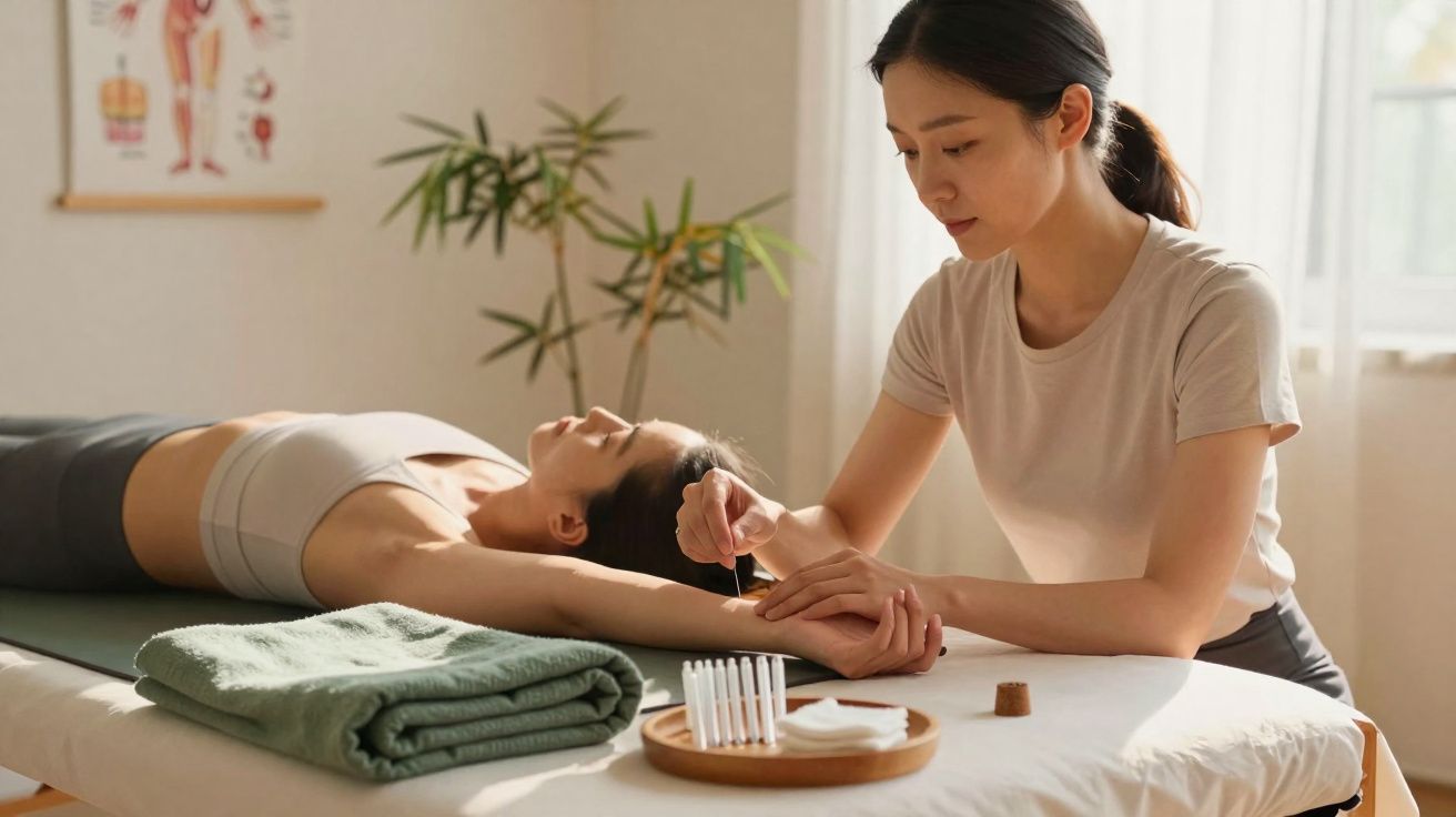 Terapeuta a aplicar acupuntura no pulso de uma mulher deitada numa mesa de tratamento.