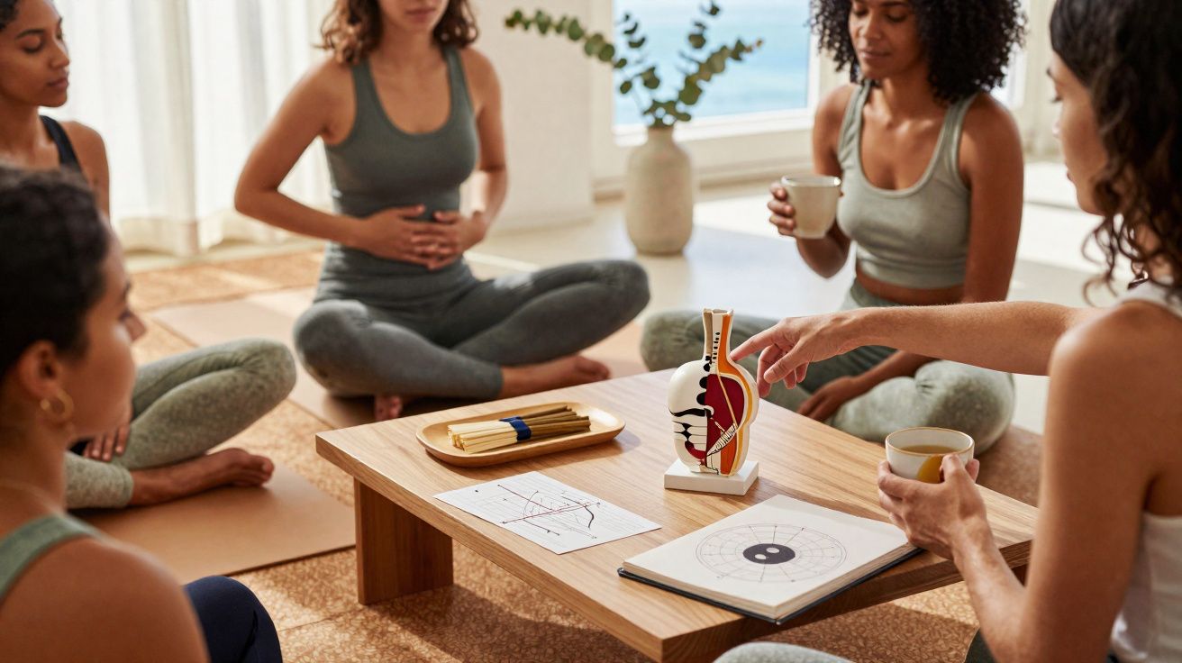 Grupo de mulheres sentadas em círculo a aprender sobre acupuntura numa sala iluminada.