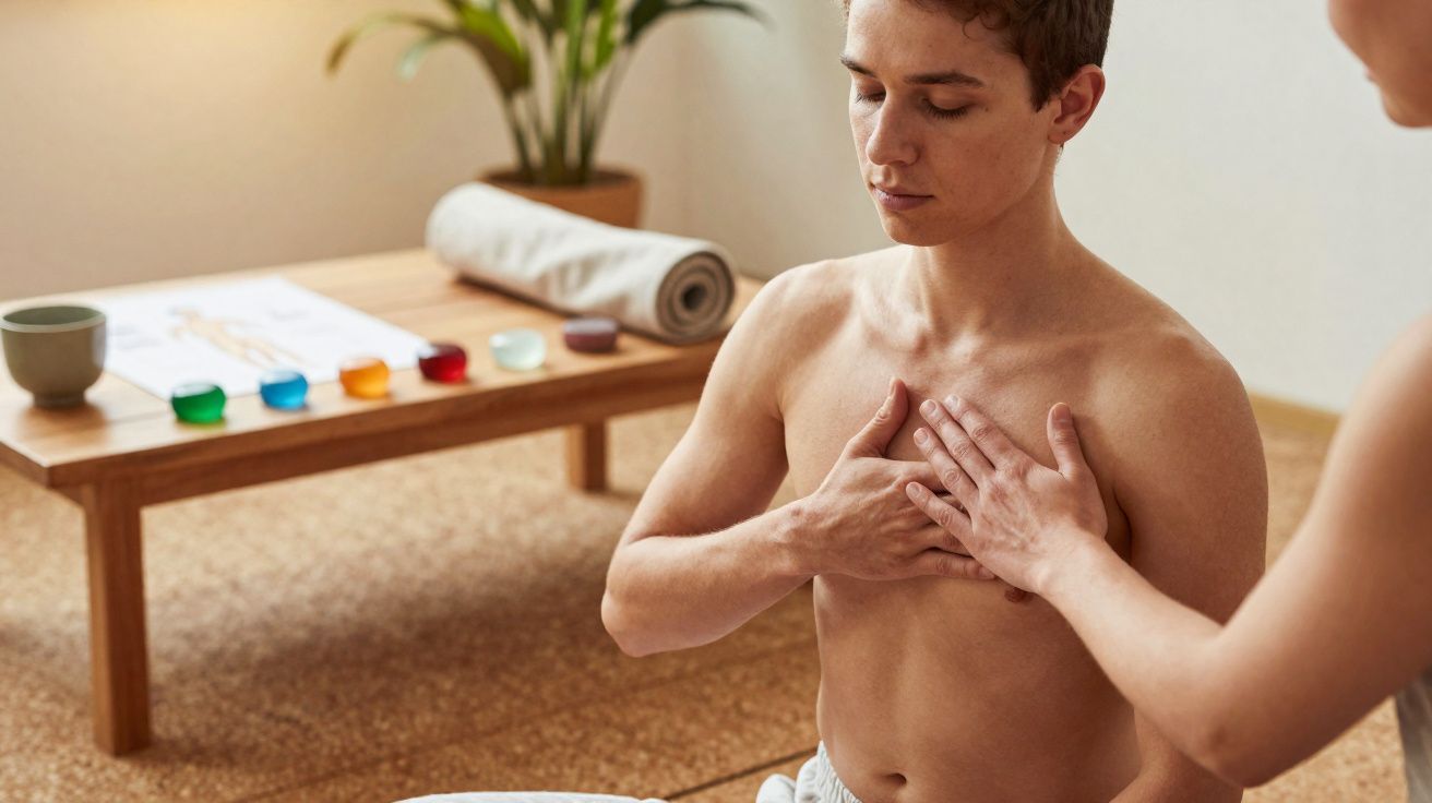 Pessoa a participar em sessão de reiki, com terapeuta a colocar mãos sobre o peito.