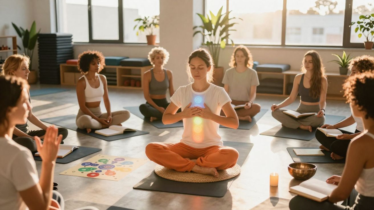 Grupo de pessoas a meditar em círculo numa sala iluminada, com chakras representados sobre uma mulher ao centro.