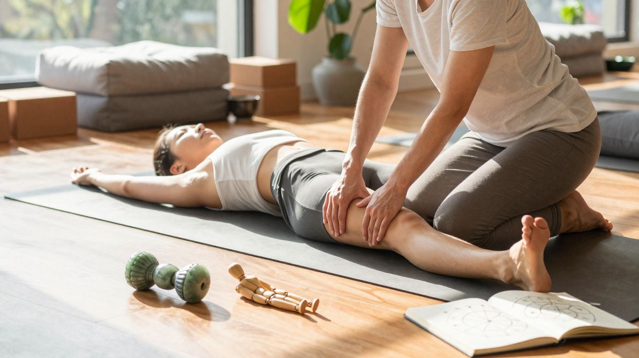 Pessoa a receber massagem na perna durante sessão de fisioterapia num estúdio com luz natural.