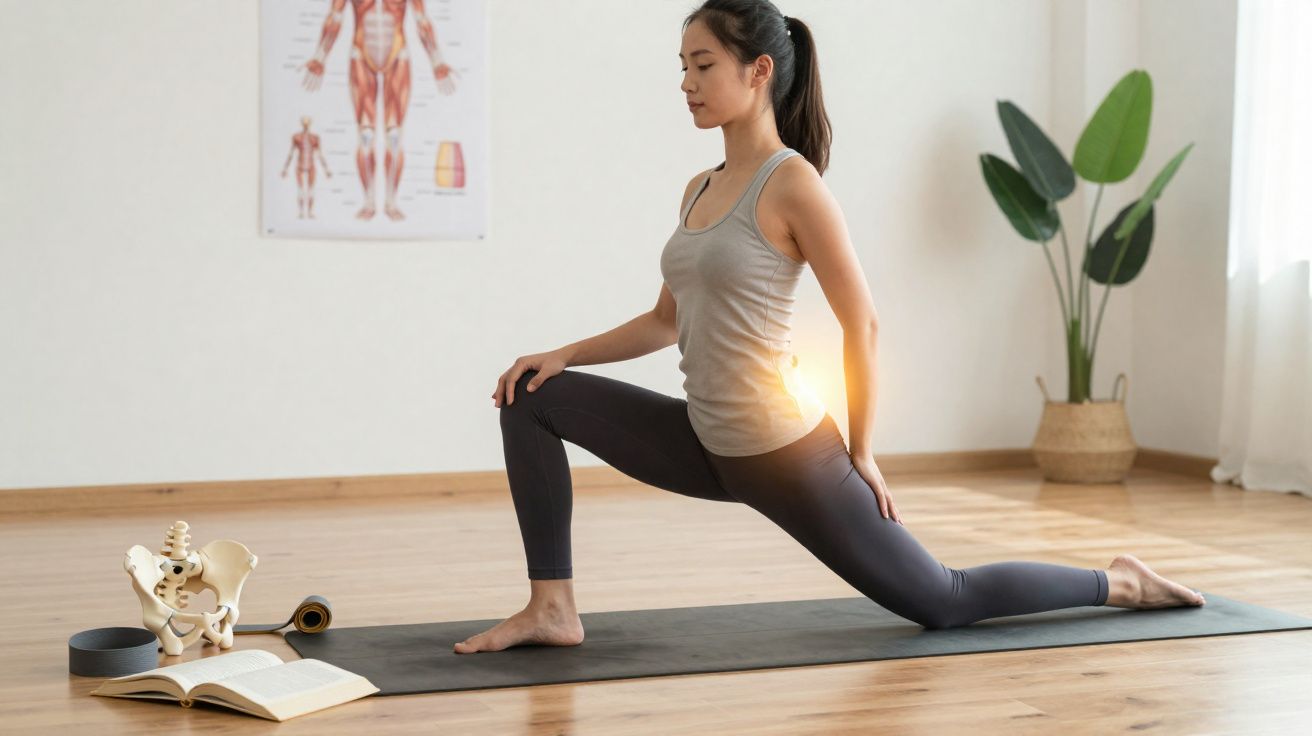 Mulher jovem a fazer exercício de alongamento numa sala com planta e modelo anatómico ao lado.