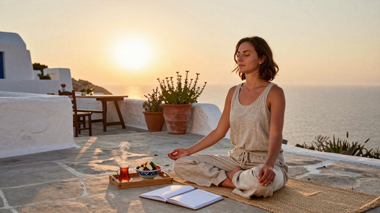 Mulher sentada em posição de meditação num terraço ao pôr do sol junto ao mar, com chá e frutas à frente.
