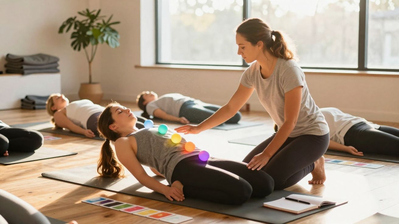 Instrutora ajuda aluna deitada numa aula de yoga, com chakras coloridos alinhados no corpo da aluna.