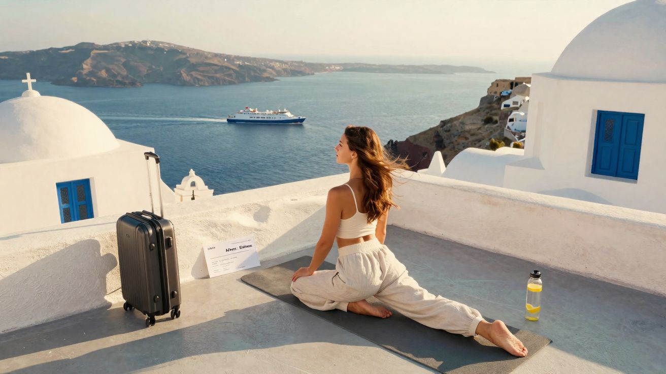 Mulher faz alongamento numa varanda branca com vista para o mar e um cruzeiro, em Santorini, Grécia.