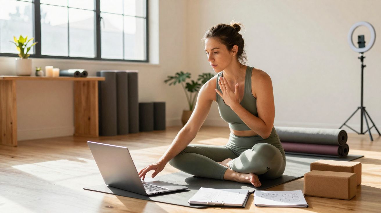 Mulher sentada em tapete de yoga, a usar computador portátil em sala iluminada com acessórios de yoga.