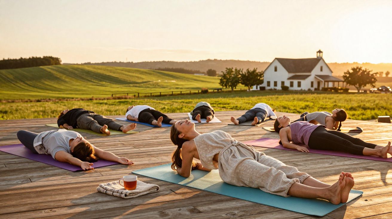 Grupo de pessoas a praticar yoga ao ar livre numa plataforma de madeira com paisagem rural ao fundo.