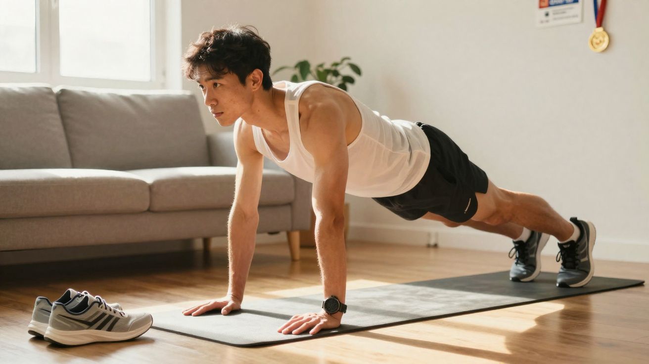 Homem a fazer flexões numa sala iluminada, com ténis ao lado e sofá ao fundo.