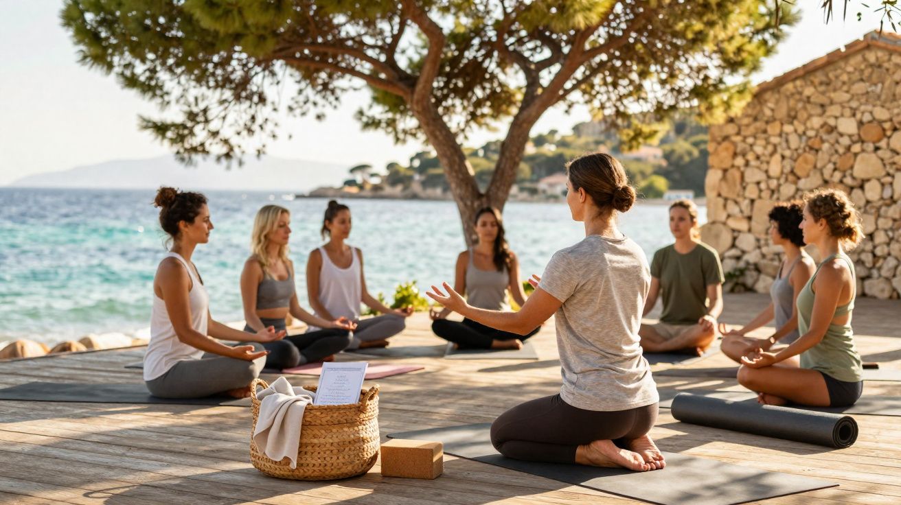 Grupo de pessoas a praticar meditação ao ar livre junto ao mar numa plataforma de madeira.