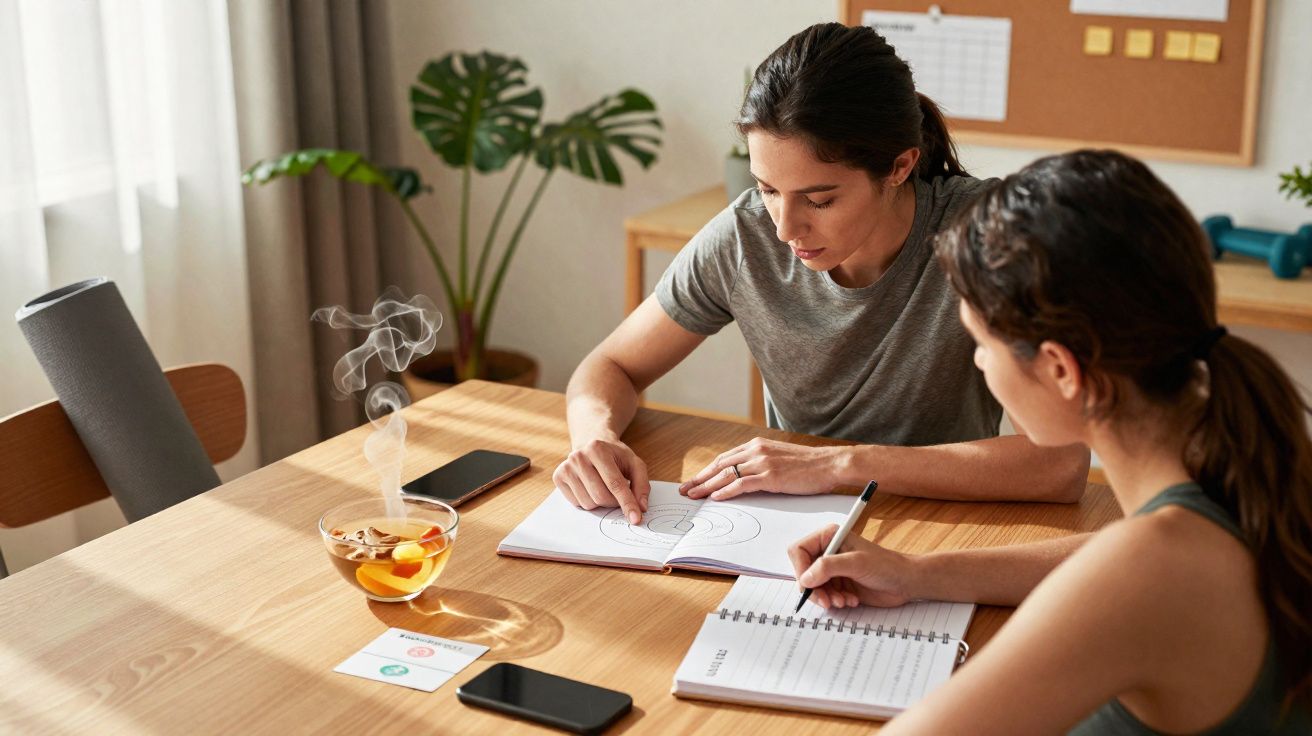 Duas mulheres sentadas à mesa, a desenhar e a escrever em cadernos, com chá quente ao lado.