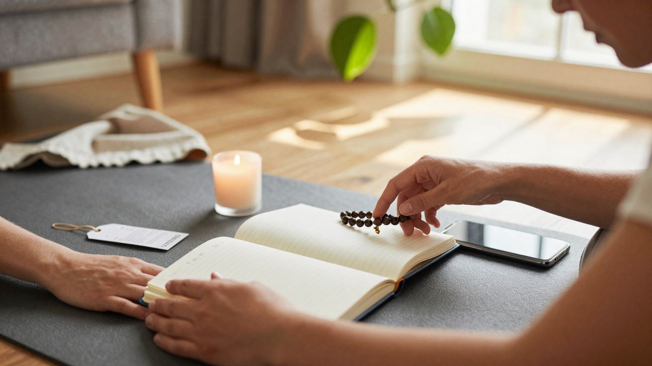 Pessoa a segurar um terço sobre um caderno aberto, com vela acesa e telemóvel ao lado, em ambiente tranquilo.