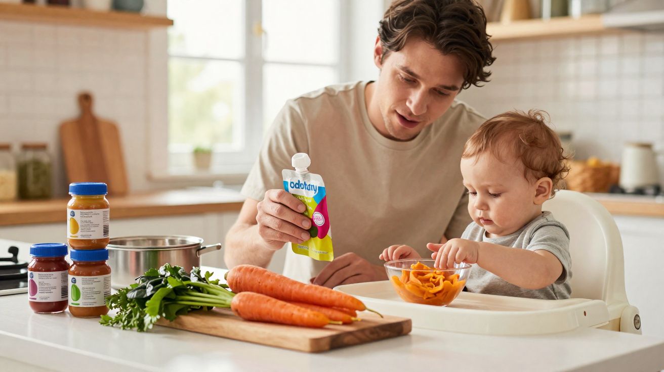 Pai a alimentar bebé sentado numa cadeira alta na cozinha com legumes frescos na bancada.