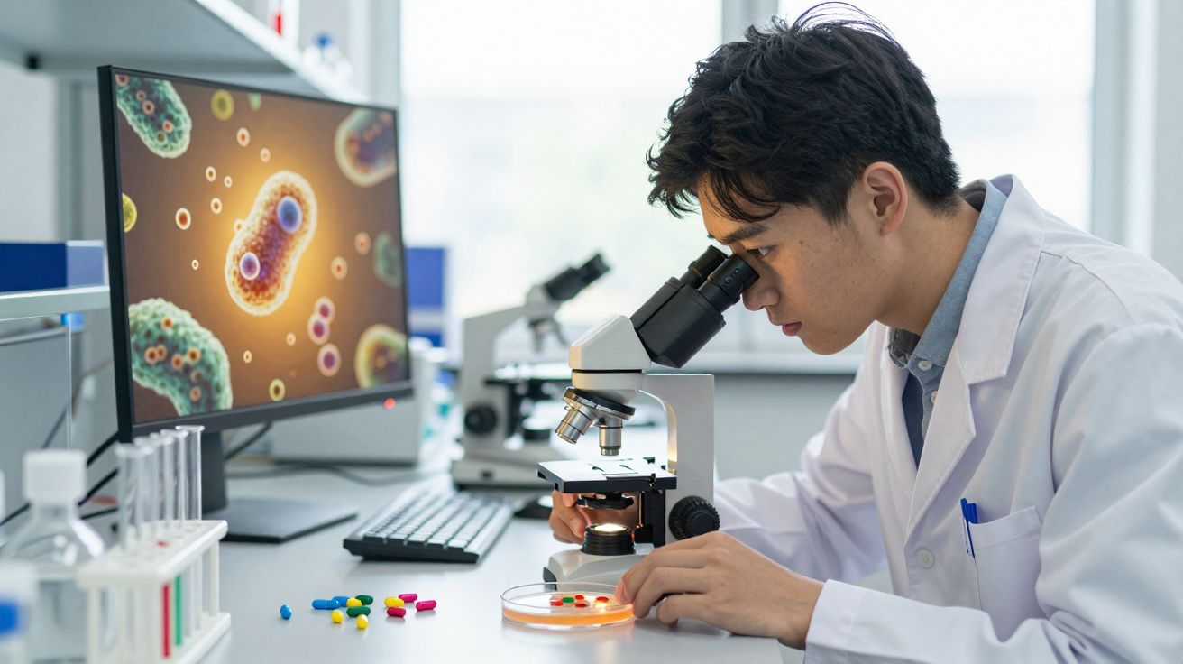 Cientista com bata branca observa amostra num microscópio enquanto analisa imagens digitais de bactérias num ecrã.