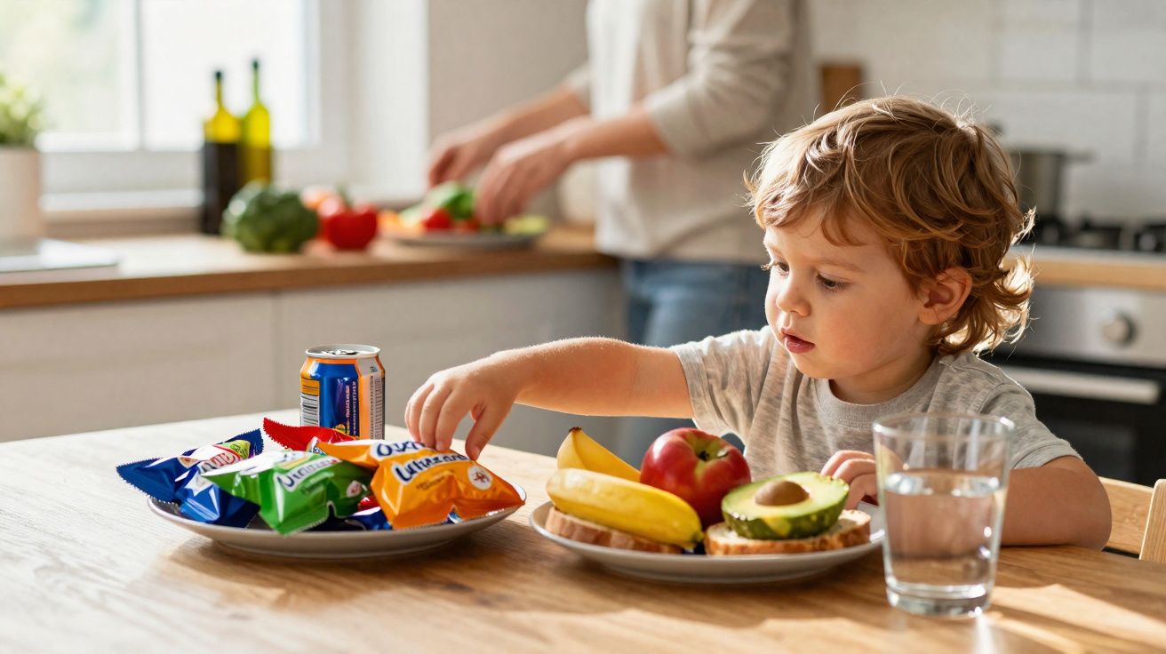 Criança sentada à mesa, a escolher entre snacks embalados e alimentos saudáveis na cozinha.