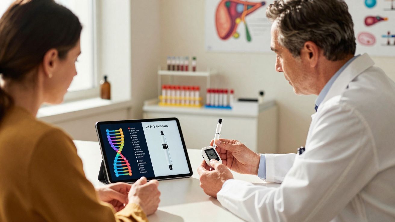 Médico explica a uma paciente o uso de dispositivo para medir glicemia, com gráfico de DNA num tablet.
