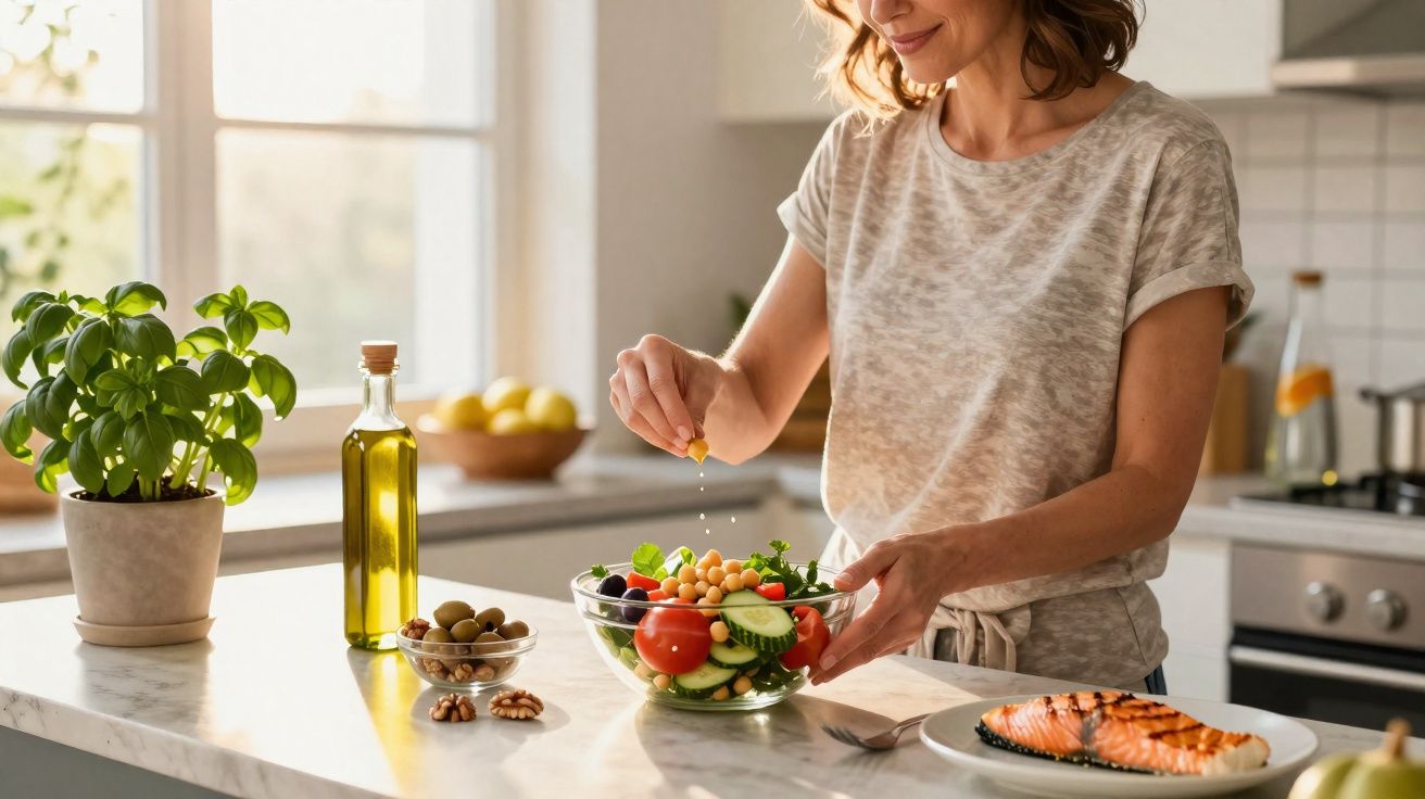Mulher a temperar salada com legumes frescos numa cozinha iluminada e moderna.