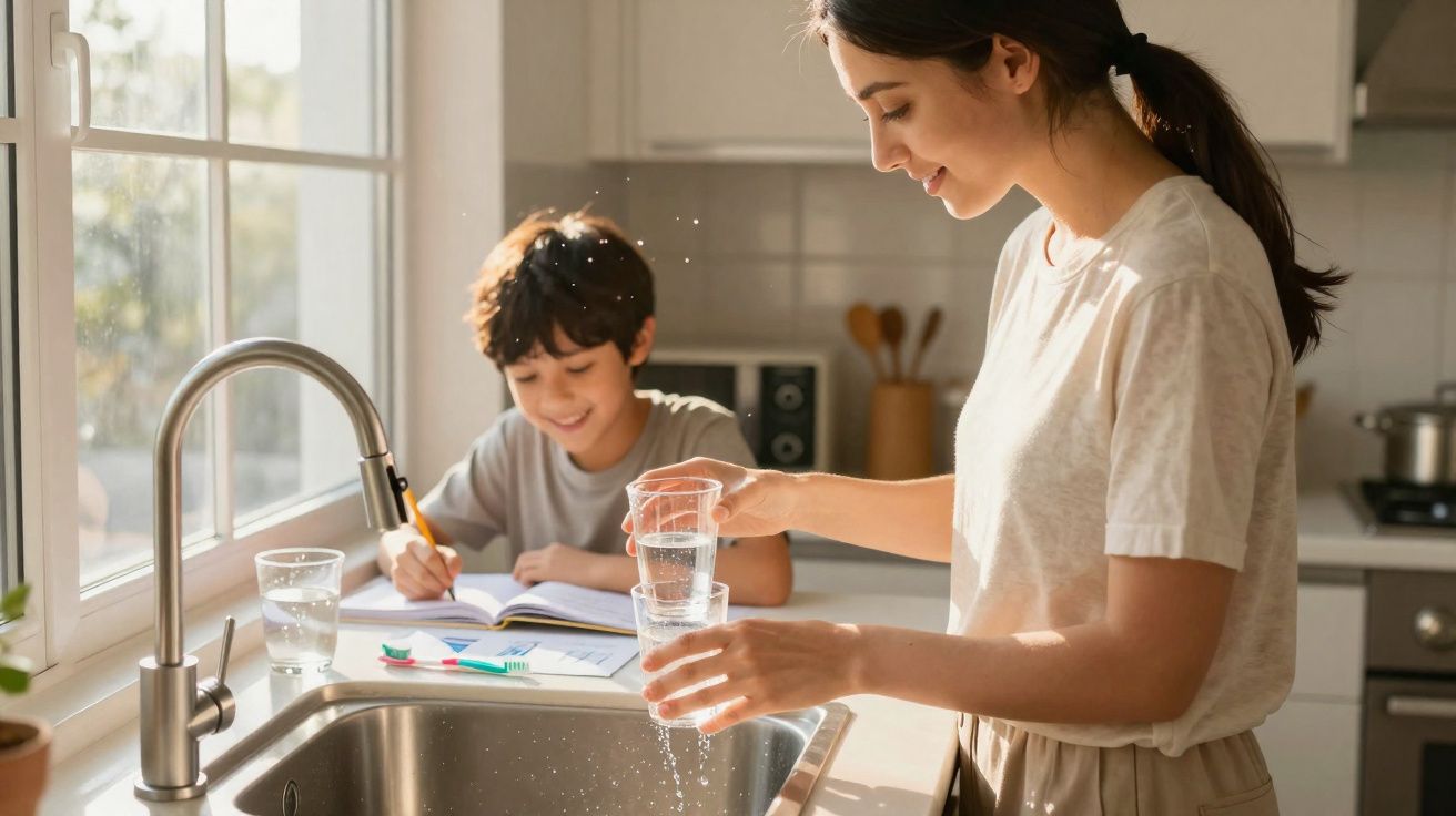 Mulher a servir água num copo enquanto menino estuda na cozinha iluminada a luz natural.
