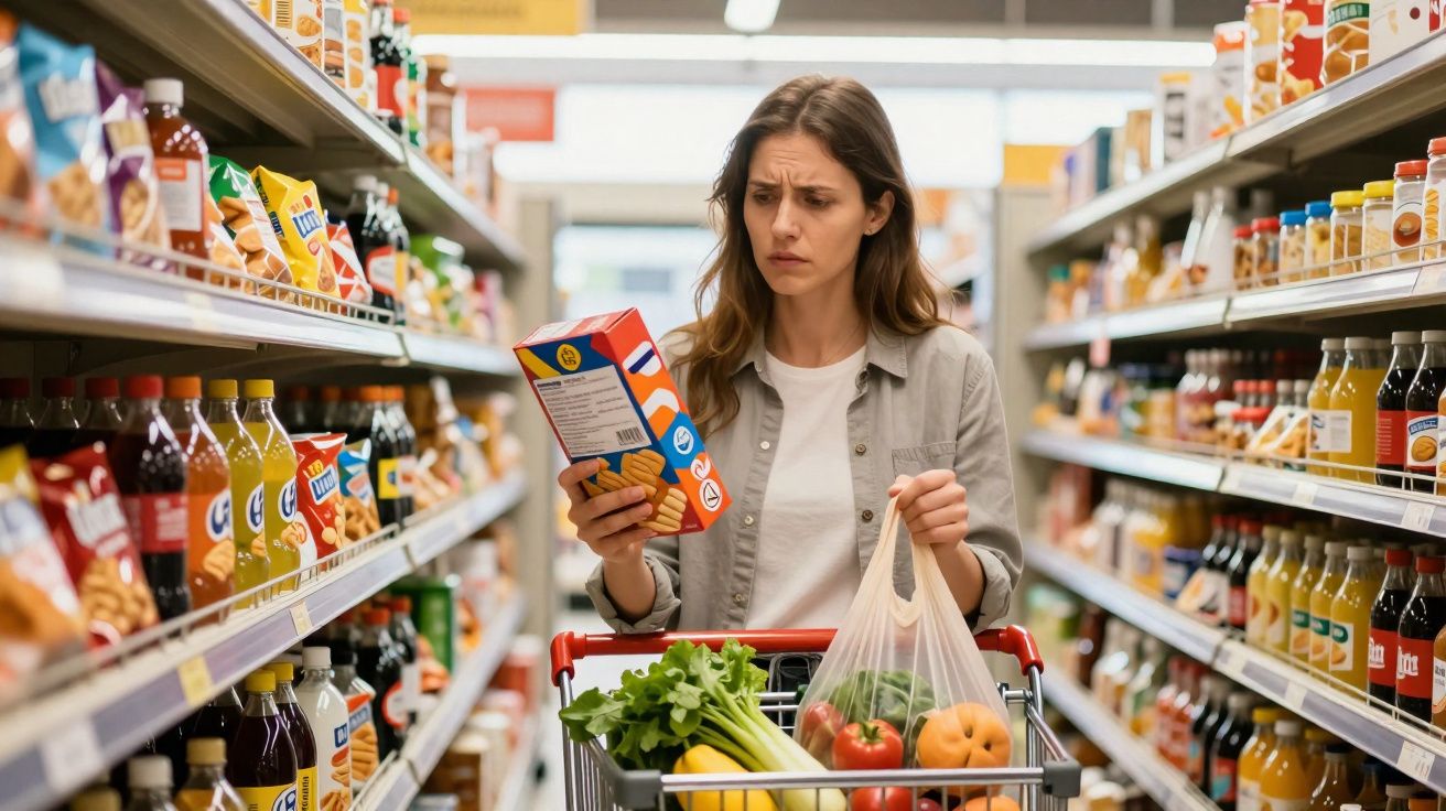 Mulher com expressão confusa lê embalagem enquanto faz compras num supermercado entre prateleiras de produtos.
