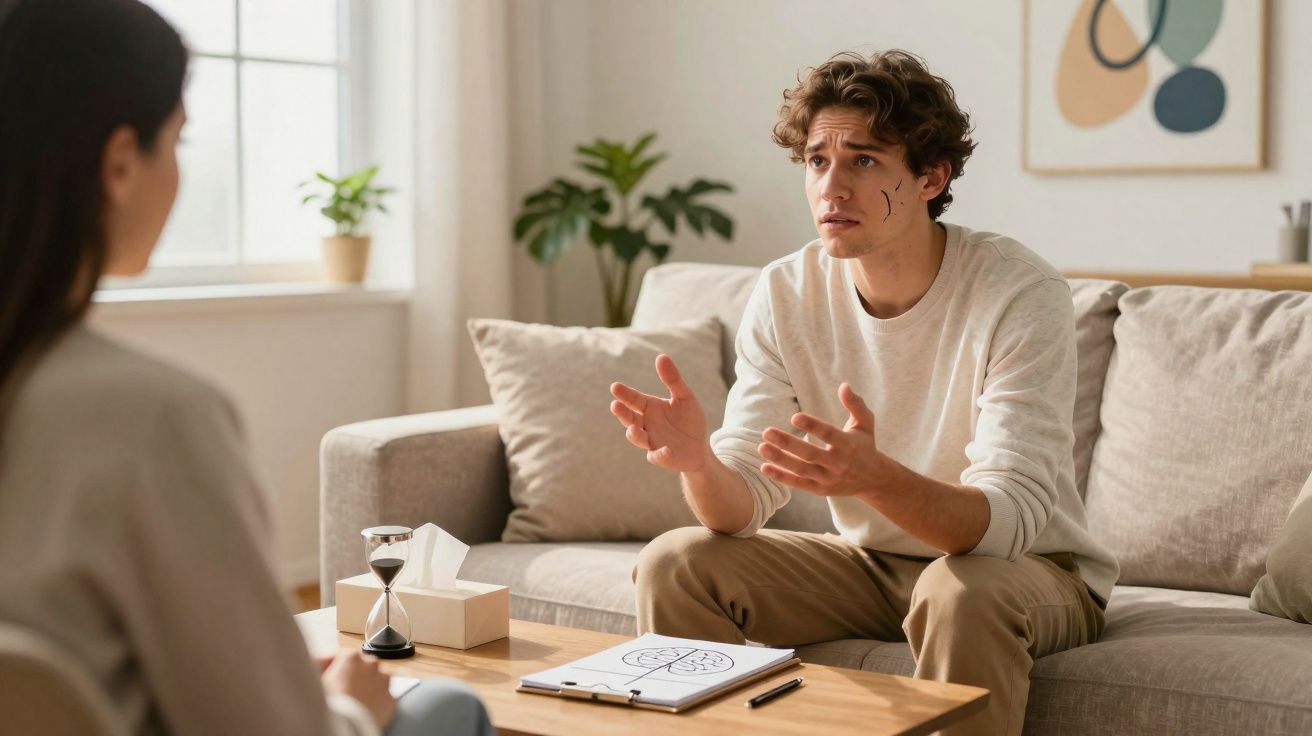 Homem com expressão preocupada fala com psicóloga durante sessão de terapia numa sala luminosa.