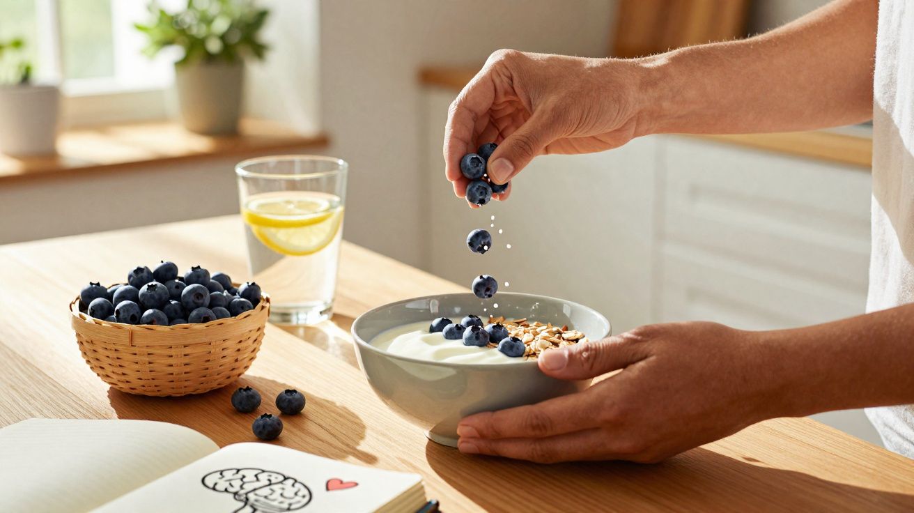 Mãos a colocar mirtilos em taça com iogurte e granola sobre mesa de madeira junto a copo de água com limão.