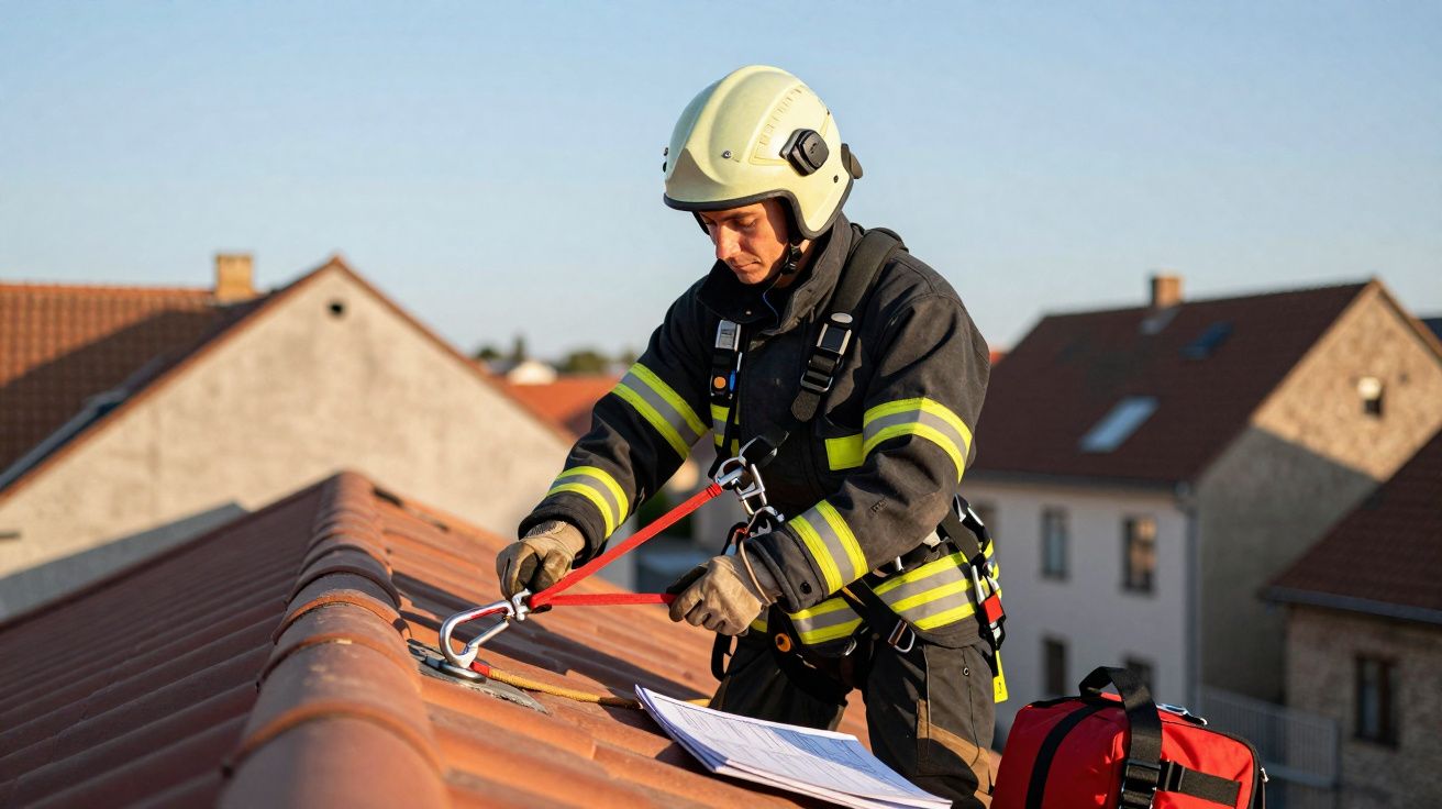 Bombeiro com equipamento de segurança a fixar corda num telhado durante treino ou inspeção.