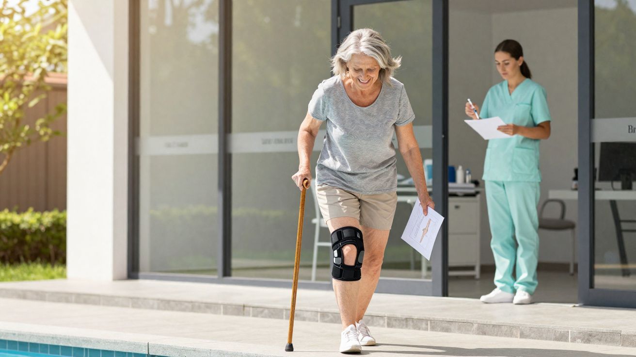 Mulher idosa com joelheira e bengala caminha junto a uma piscina, com enfermeira ao fundo a tomar notas.