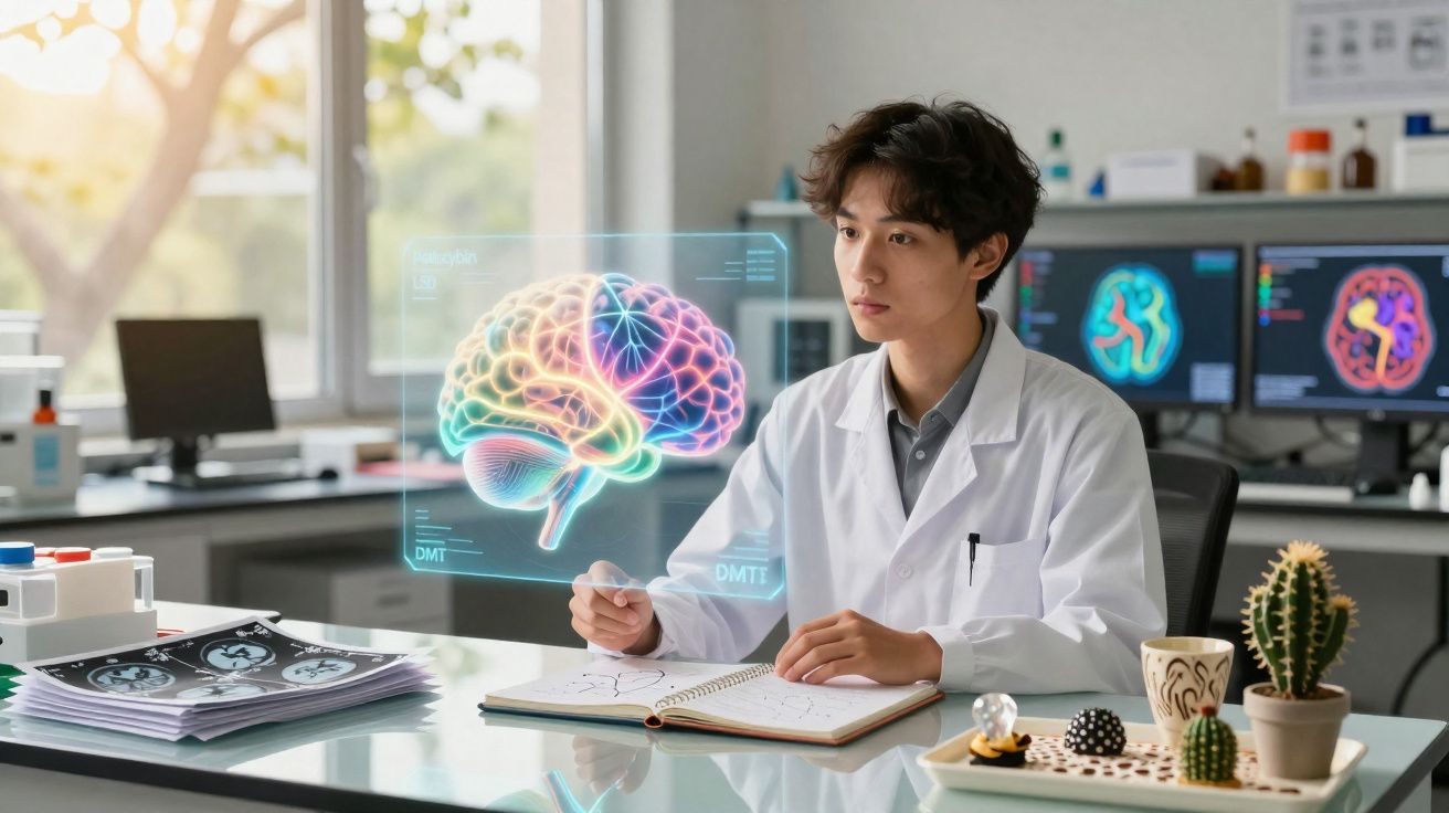 Cientista em laboratório a analisar imagem digital do cérebro com cadernos e equipamentos médicos.