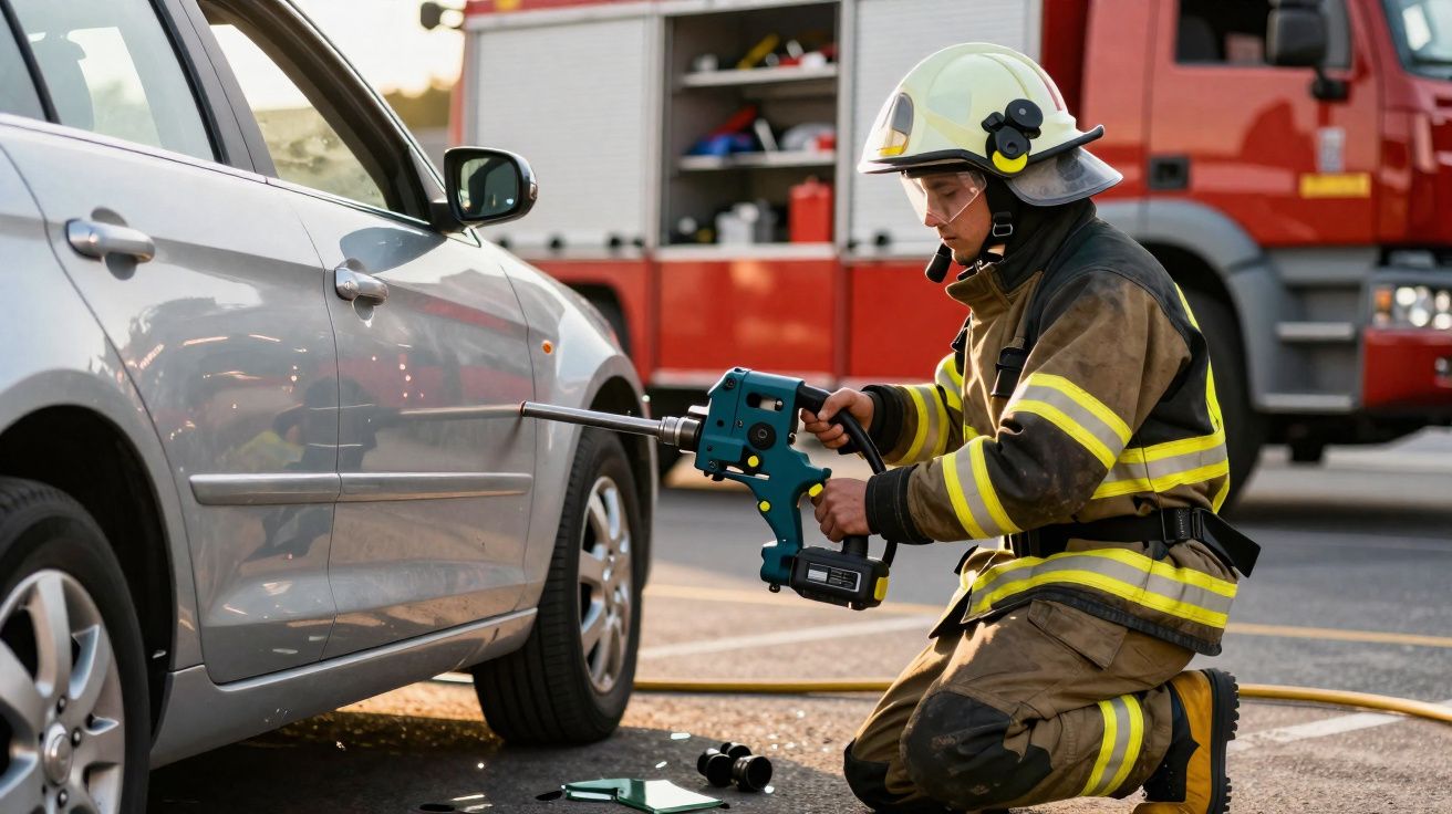 Bombeiro em equipamento a usar ferramenta hidráulica para abrir a porta de um carro, com camião de bombeiros ao fundo.
