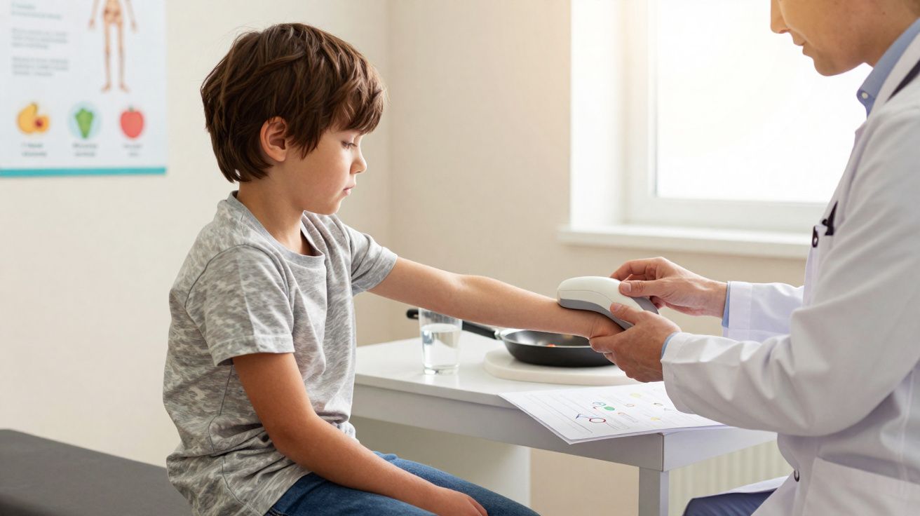 Médico a examinar o pulso de um menino sentado numa clínica iluminada por luz natural.