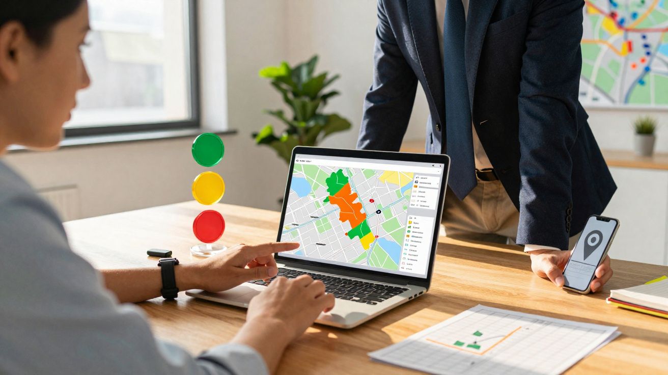 Duas pessoas analisam mapa colorido num portátil com semáforo e smartphone numa mesa de escritório.