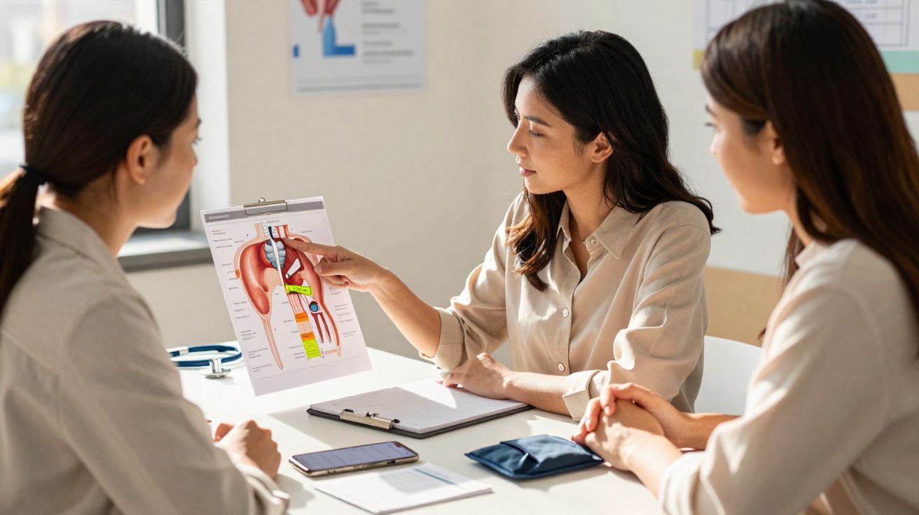 Três mulheres numa consulta médica, uma delas explica o funcionamento do aparelho digestivo com um gráfico.