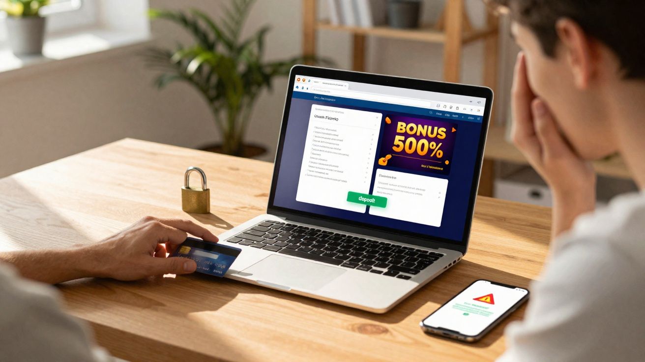 Pessoa a segurar cartão de crédito frente a computador com oferta de bónus 500% e telemóvel com alerta de segurança.