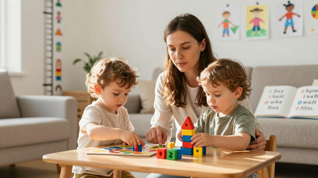 Mulher adulta ajuda duas crianças pequenas a brincar com blocos coloridos numa mesa de madeira.