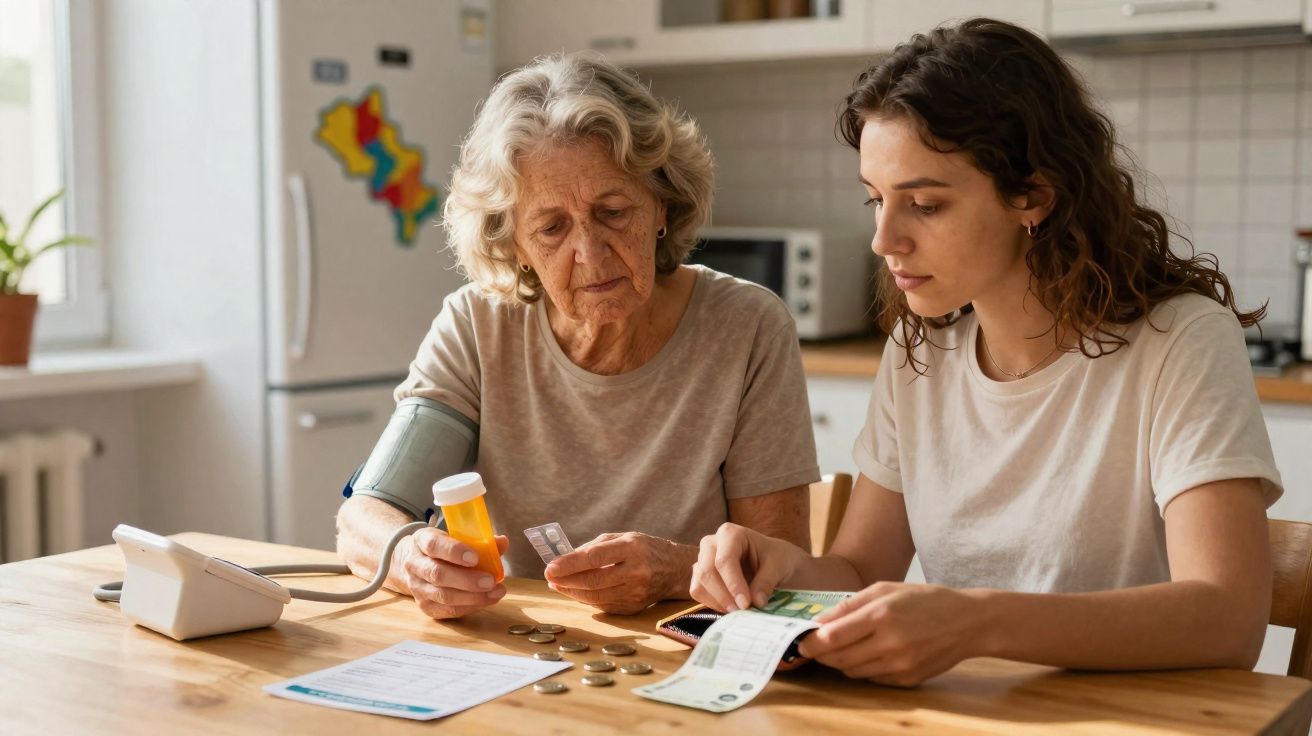 Idosa com medidor de pressão e mulher jovem a contar dinheiro numa cozinha.