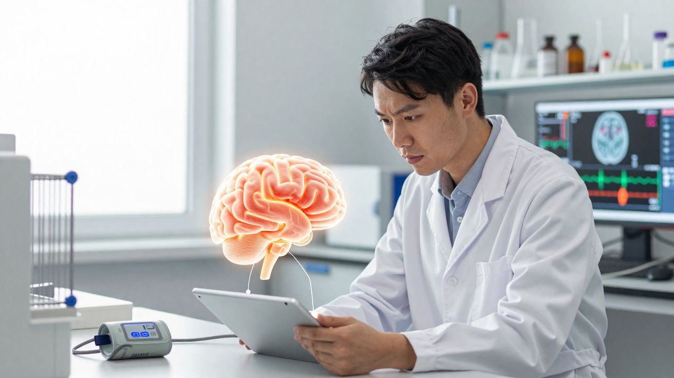 Cientista em bata branca analisa dados num tablet com imagem digital de cérebro em laboratório moderno.