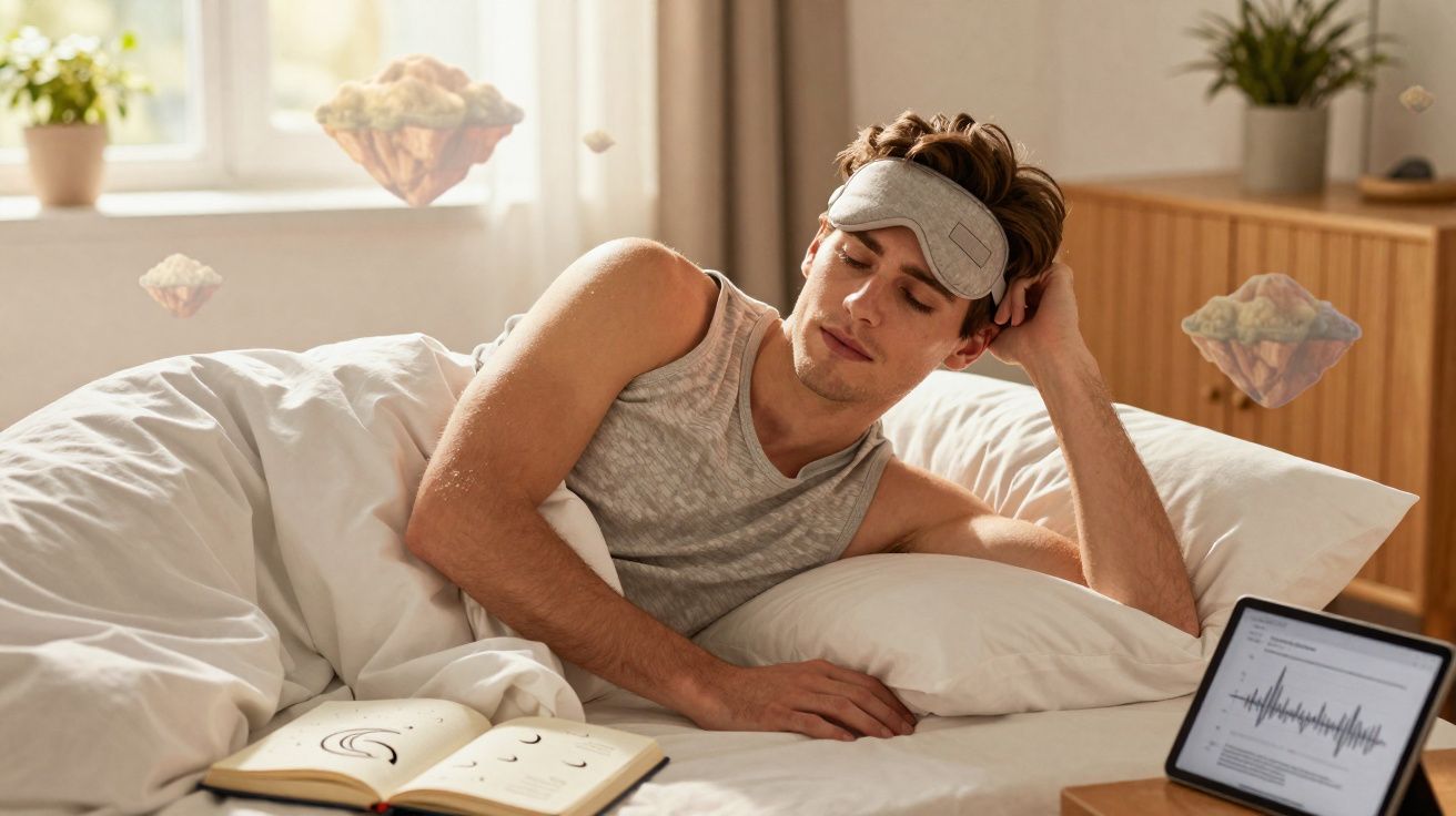 Homem deitado na cama com máscara de dormir, rodeado de imagens digitais e eletrónicas a flutuar.