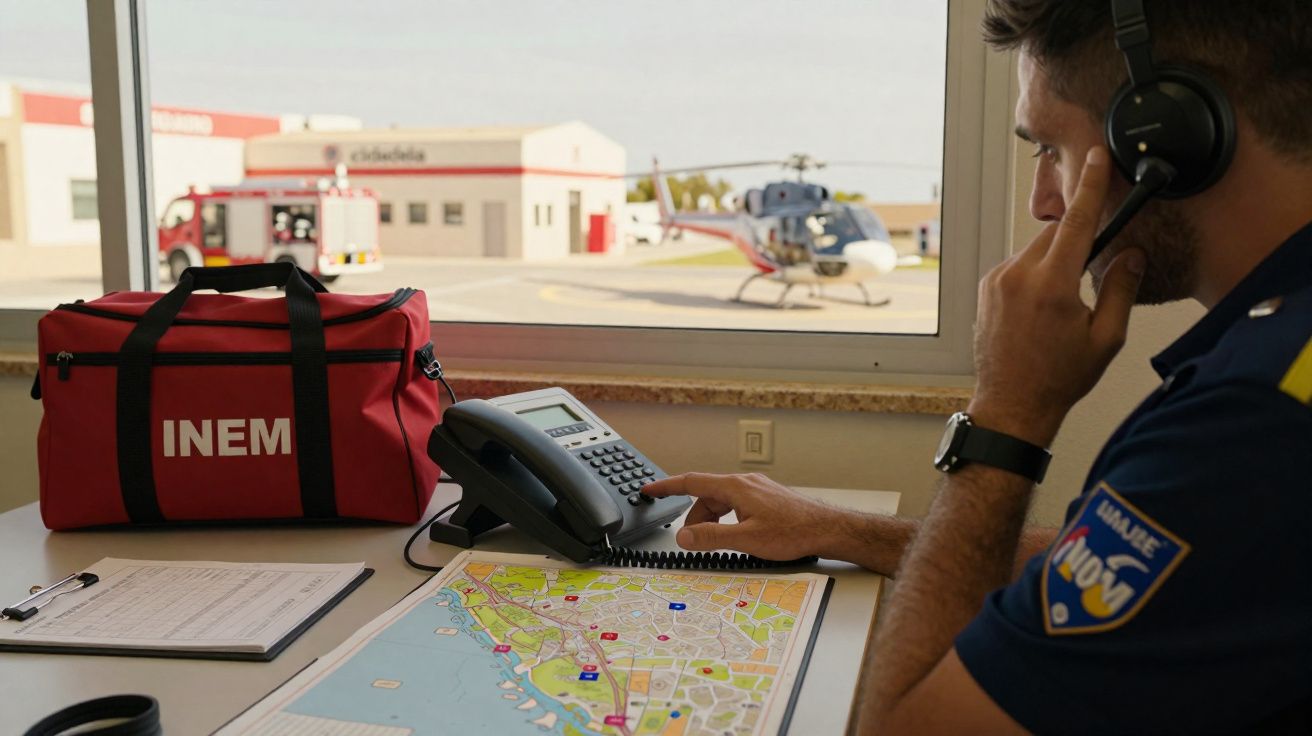 Homem com auricular a usar telefone numa sala com mapa, mala vermelha do INEM e helicóptero no exterior.