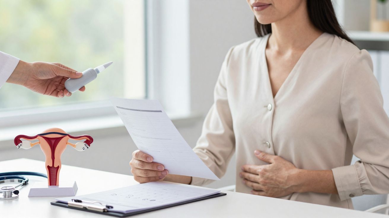 Mulher a consultar médico sobre saúde ginecológica, com modelo de útero e prescrição numa mesa.