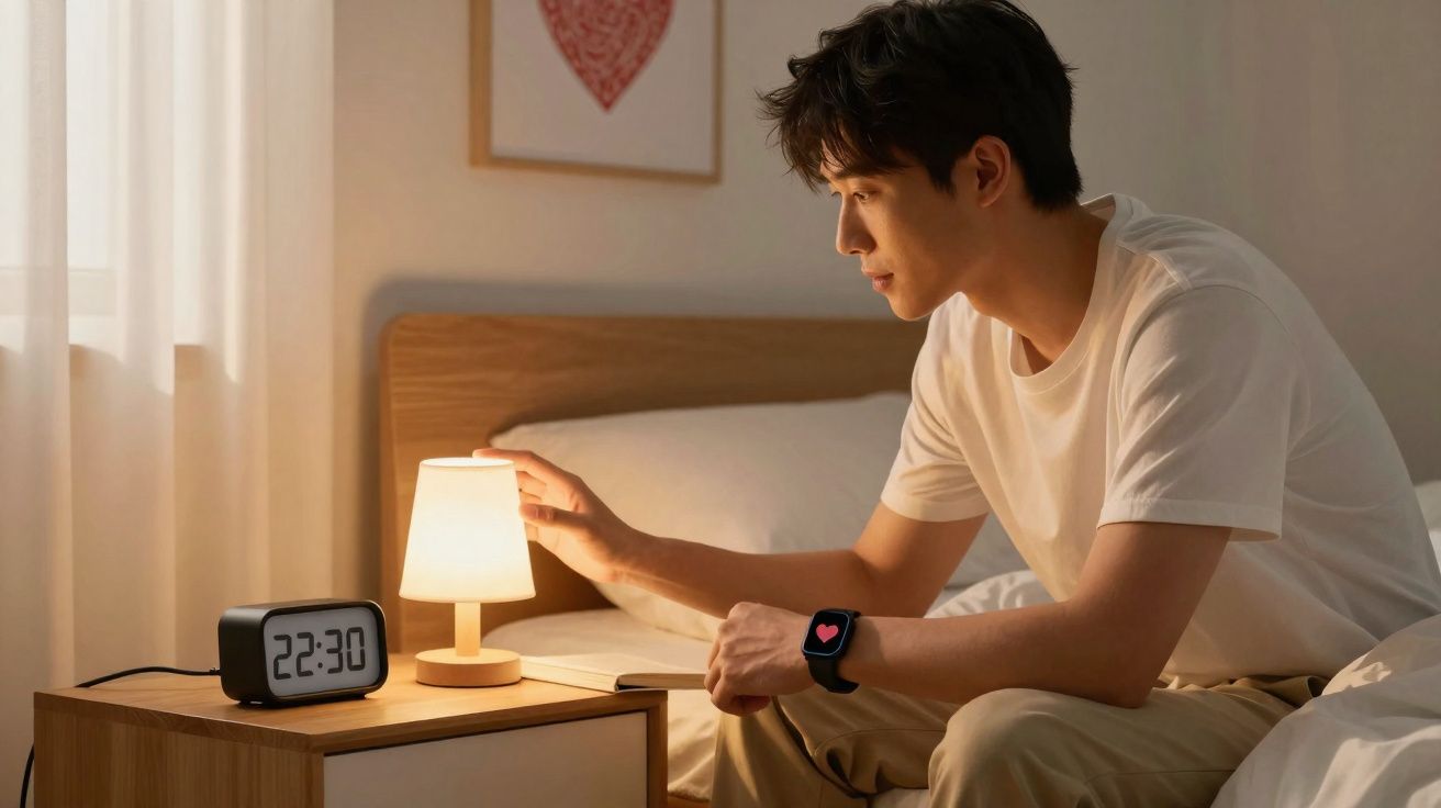 Homem sentado na cama acende abajur ao lado de relógio digital marcando 22:30.