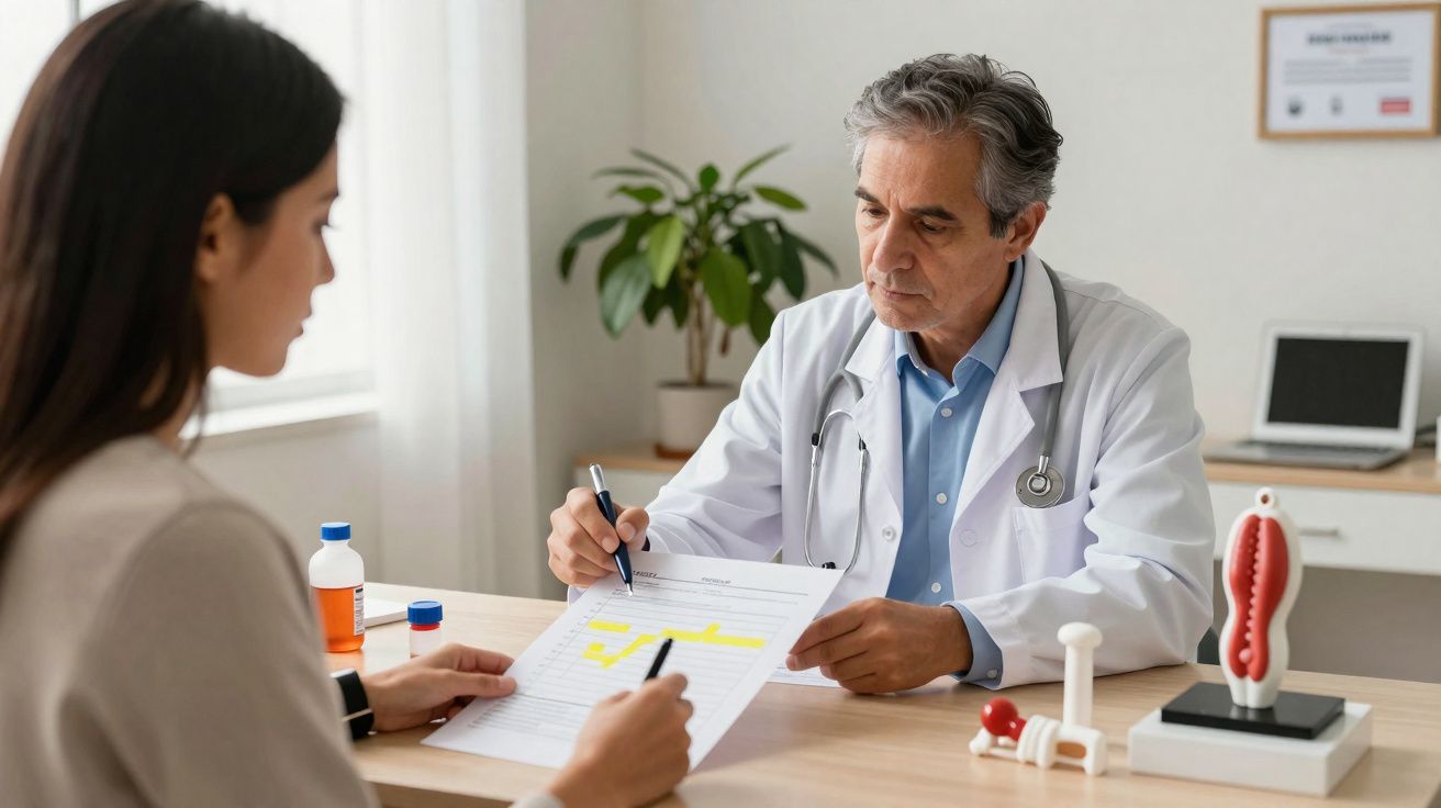 Médico a explicar resultados de exame a paciente enquanto ambos seguram documentos numa consulta clínica.