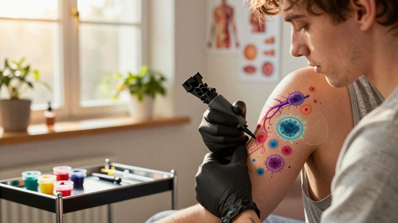 Homem a tatuar no braço com desenho colorido de vírus e bactérias em estúdio iluminado.