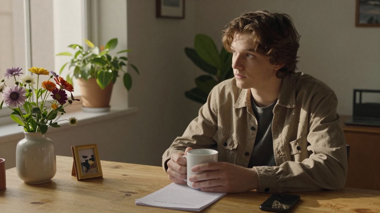 Jovem sentado a uma mesa com caneca na mão, olhando pela janela, com flores e plantas ao fundo.